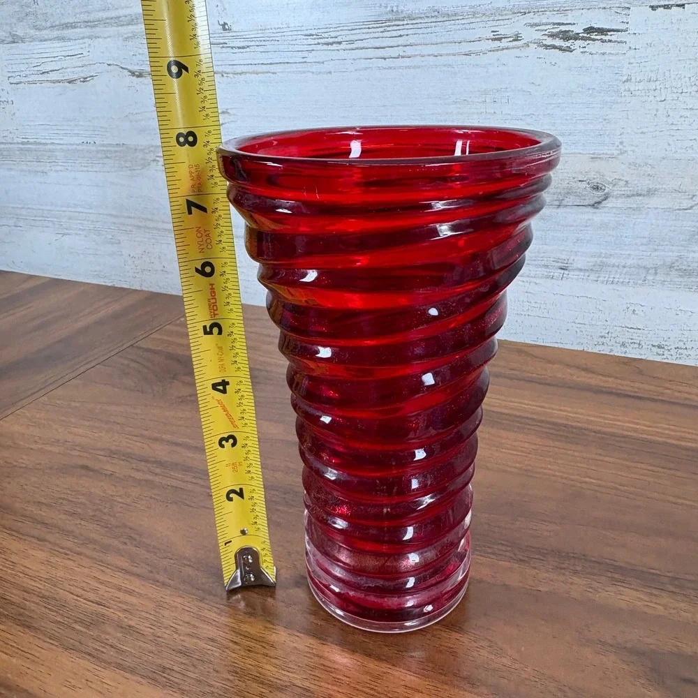 FTD Ruby Red‎ Ribbon Spiral Swirl Glass Vase, Vintage, 9